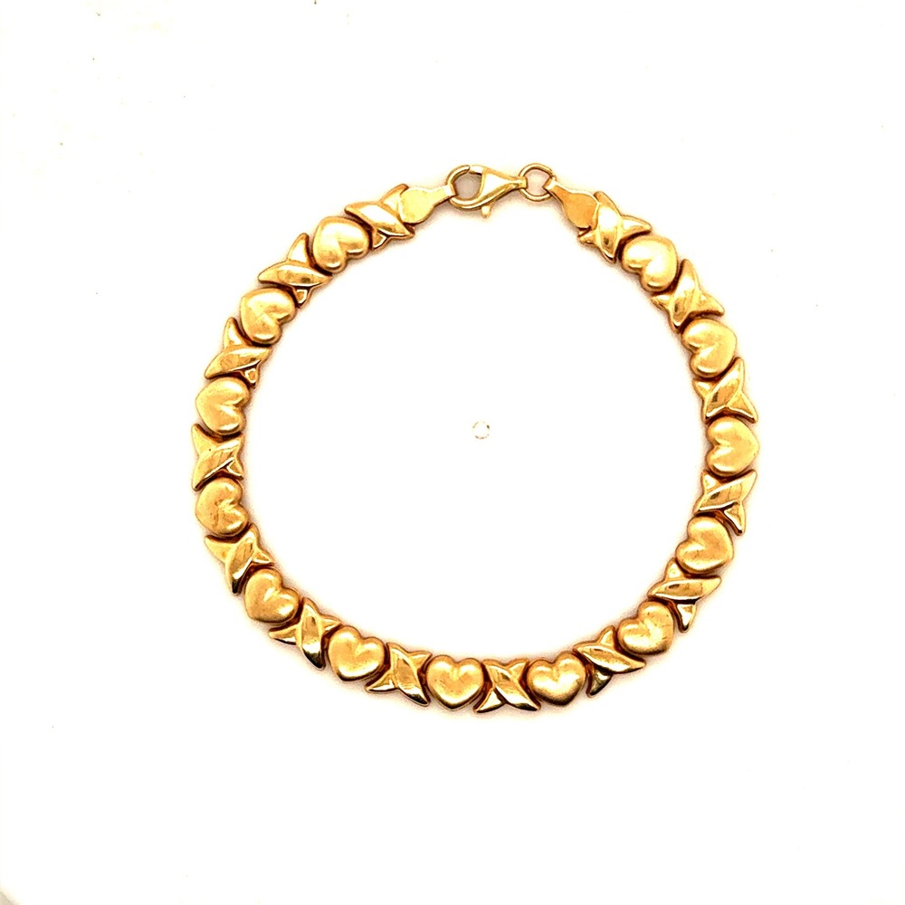 10k Yellow Gold Hugs and Kisses Heart X Link Bracelet 7 Inch 5mm 4.1g